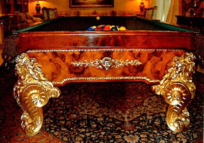 (M642) Burr-Walnut and Gold Carved American Pool Table