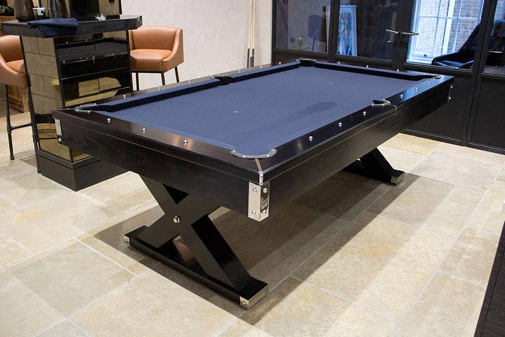 Oak American pool table with nickel metal detailing